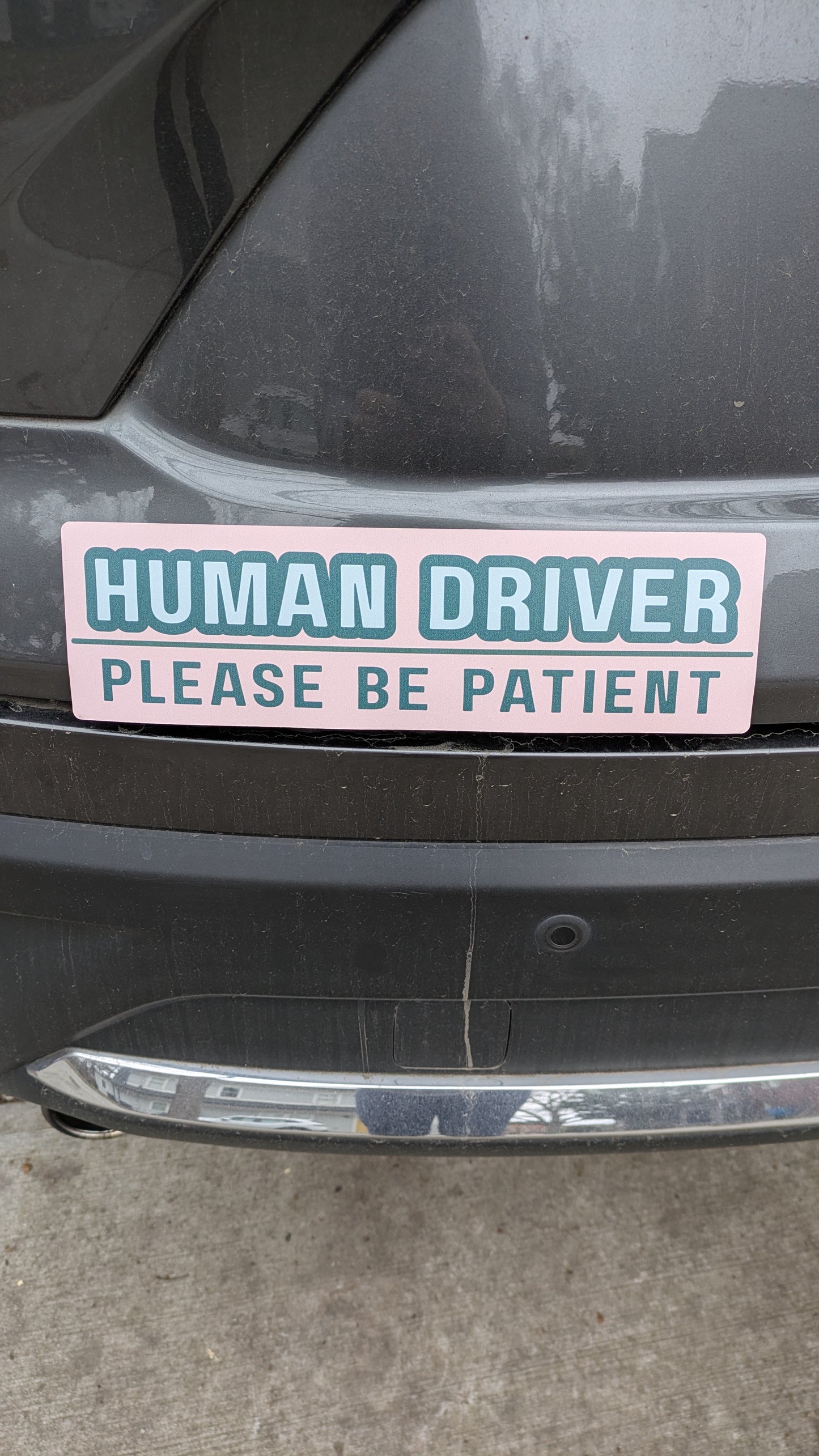 Car bumper magnet in soft pink has the words “Human Driver, Please be Patient” on it. The magnet is positioned on the rear bumper of a grey car.