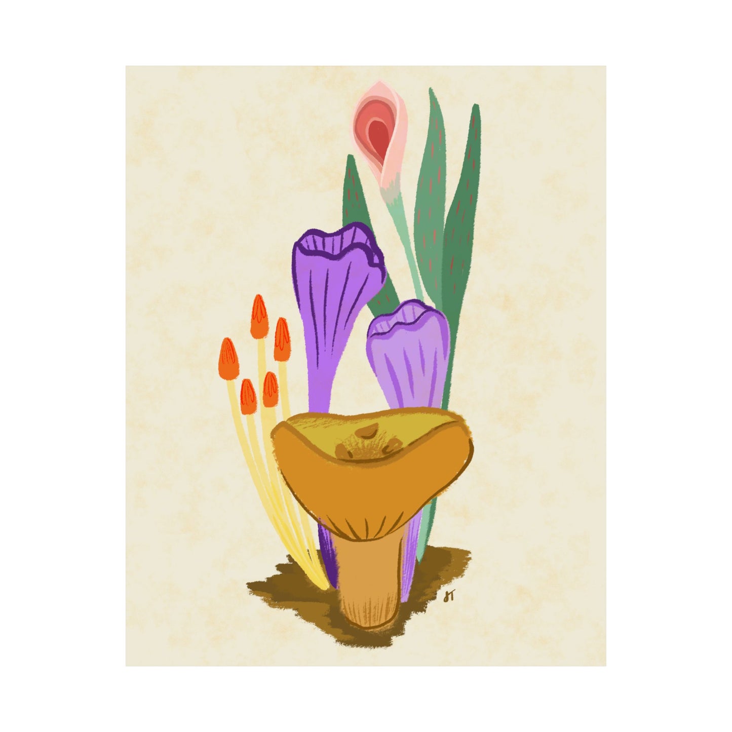 Mushrooms and Pink Flowers Print