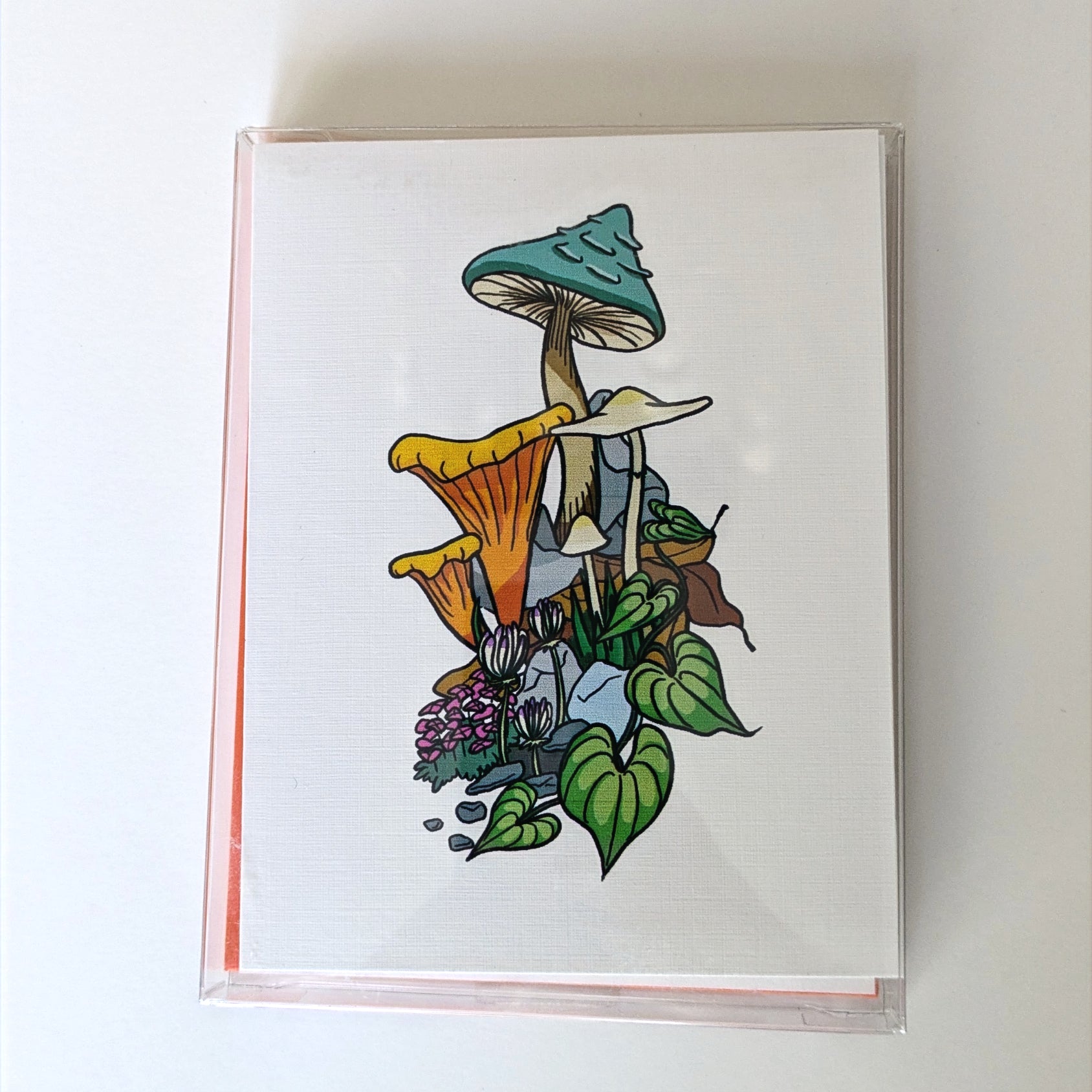 Hand-drawn mushroom illustration notecard set with orange envelopes – blank stationery gift.