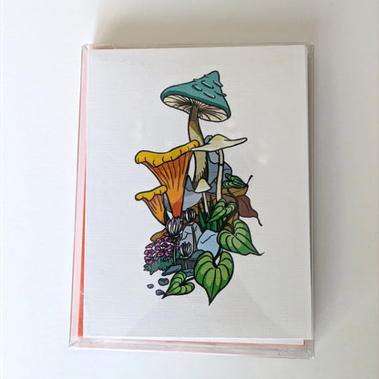 Hand-drawn mushroom illustration notecard set with orange envelopes – blank stationery gift.