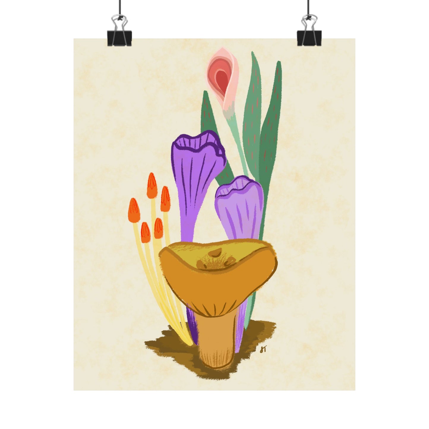 Mushrooms and Pink Flowers Print