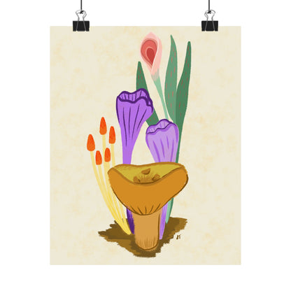 Mushrooms and Pink Flowers Print