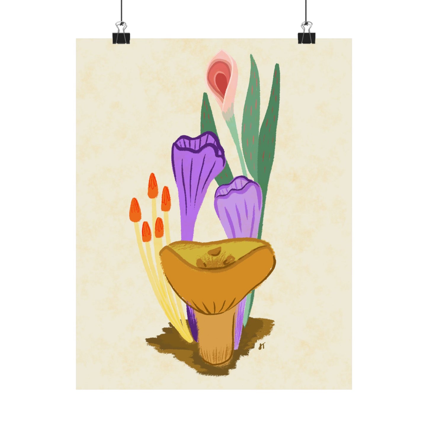 Mushrooms and Pink Flowers Print