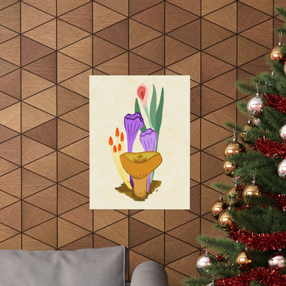 Mushrooms and Pink Flowers Print