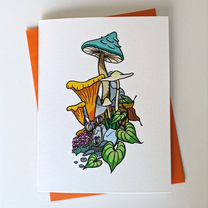 Hand-drawn mushroom illustration notecard set with orange envelopes – blank stationery gift