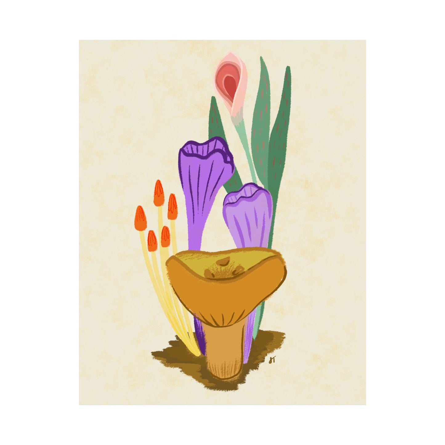 Mushrooms and Pink Flowers Print