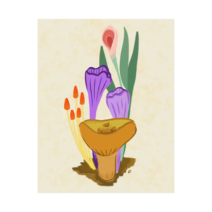 Mushrooms and Pink Flowers Print