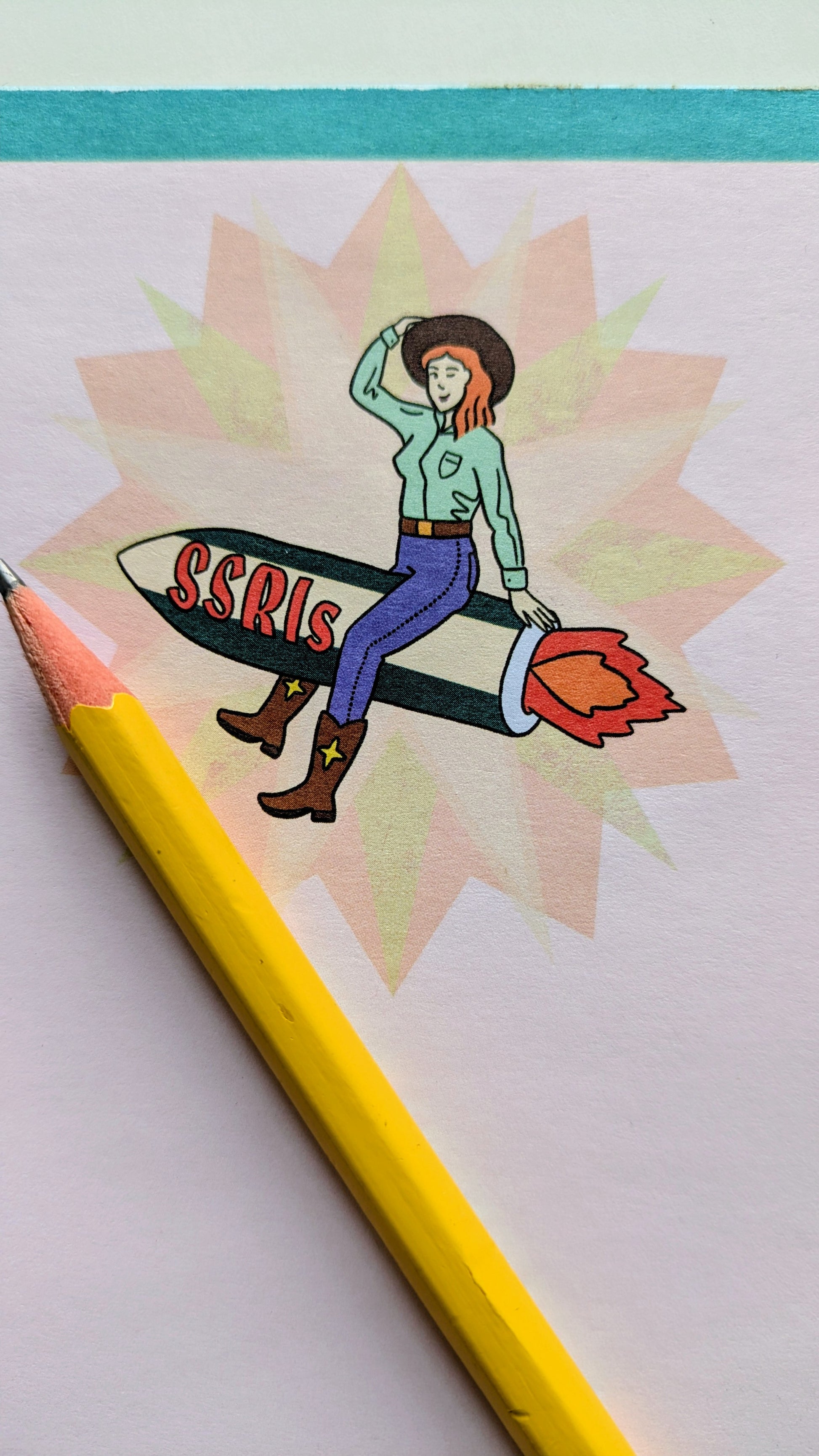 Illustration of a woman holding a rocket with 'SSRIS' on it, next to a yellow pencil.
