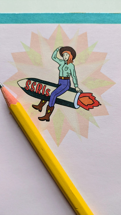 Illustration of a woman holding a rocket with 'SSRIS' on it, next to a yellow pencil.