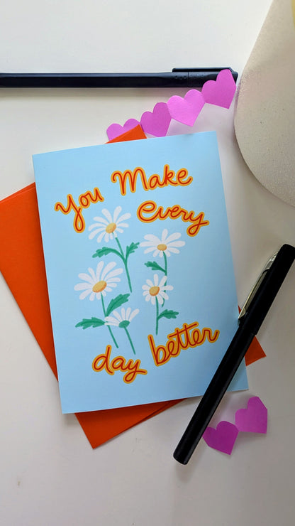 Illustrated daisy greeting card featuring white daisies and a handwritten message.