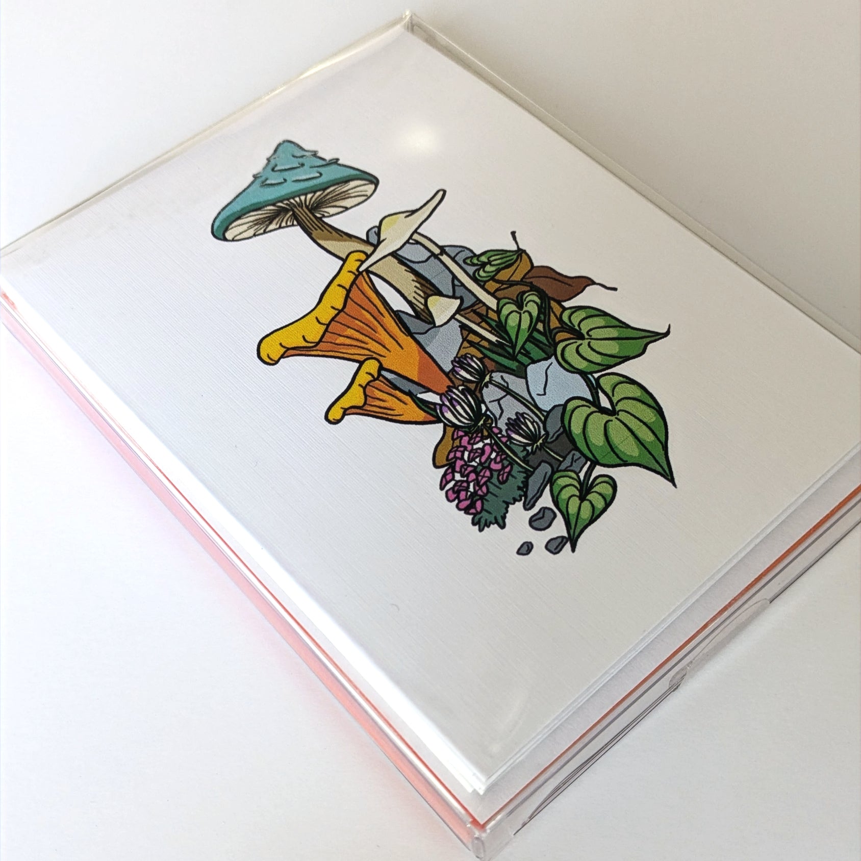 Hand-drawn mushroom illustration notecard set with orange envelopes – blank stationery gift.