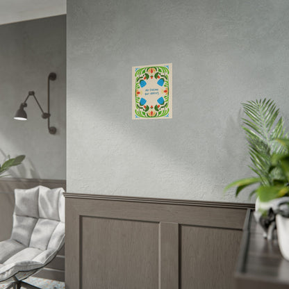 Floral nature art print featuring the phrase "No Enemy But Apathy" surrounded by colorful botanical illustrations, hanging on minimalist wall.